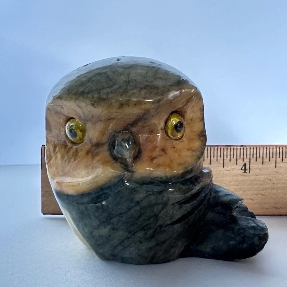 Vintage Italian Alabaster Owl Figurine Glass Eyes Hand Carved Stone Italy